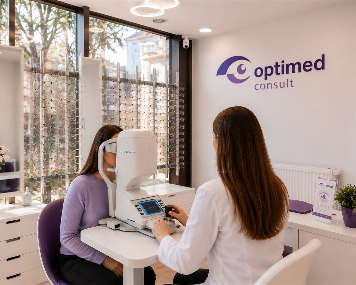 Pacient testat cu phoropter în cabinetul Optimed Consult